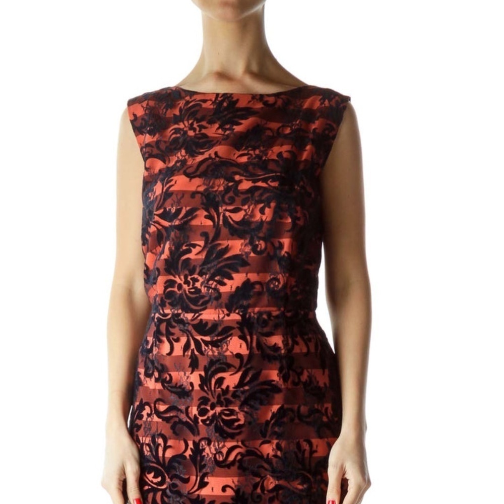 Tahari Orange Lace Velvet Embroidered Cocktail Dress - Picture 4 of 5